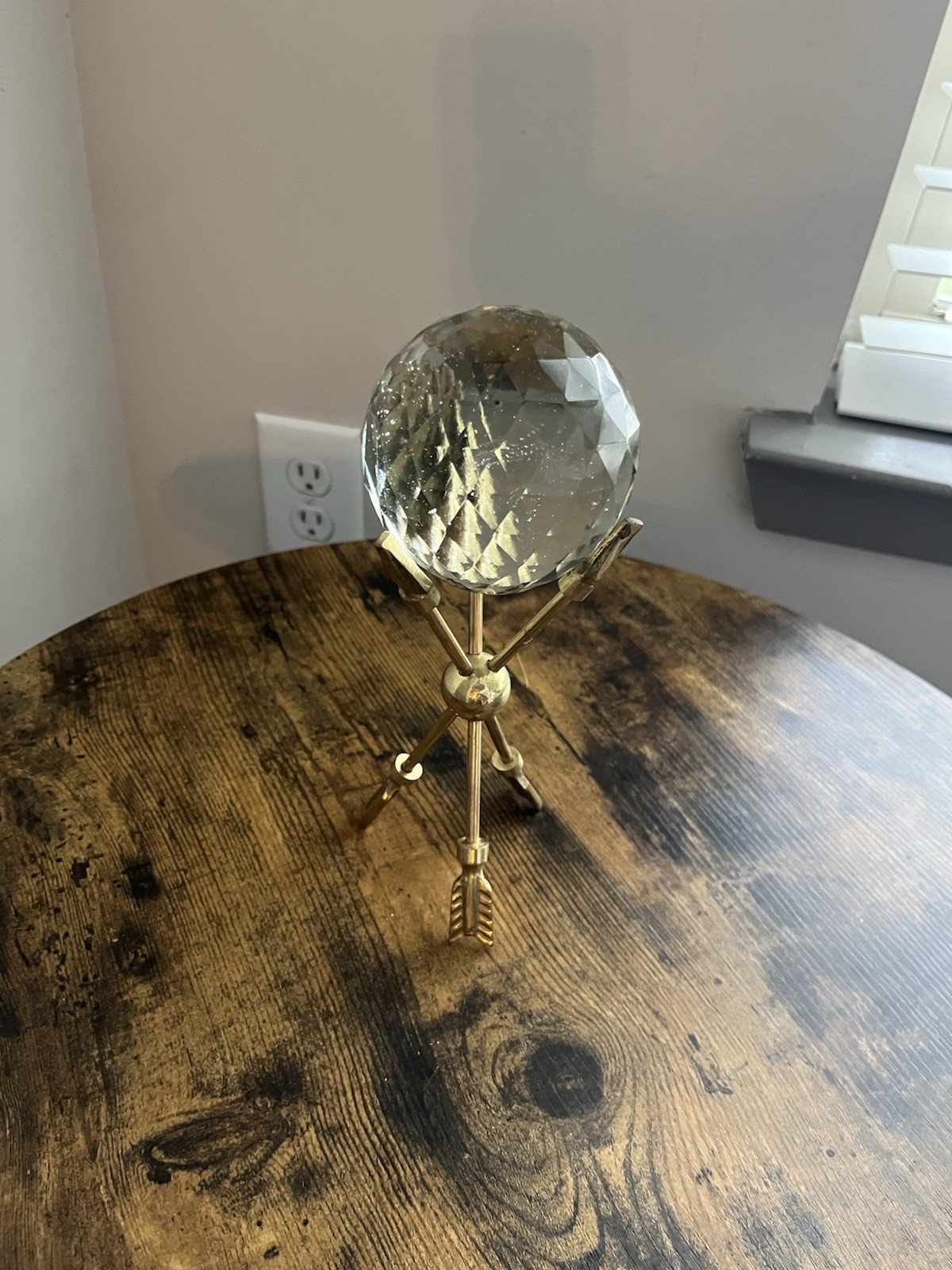 India Facted Crystal Sphere Prism With Flat Base W/ Brass Stand Multi Faceted