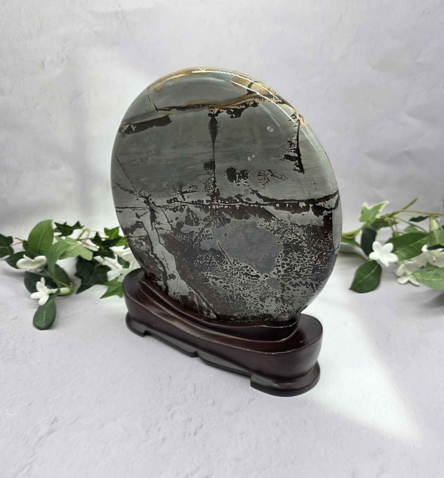 Large Round Picture Jasper Scenic Display Plaque with Wood Stand 5 Pounds +
