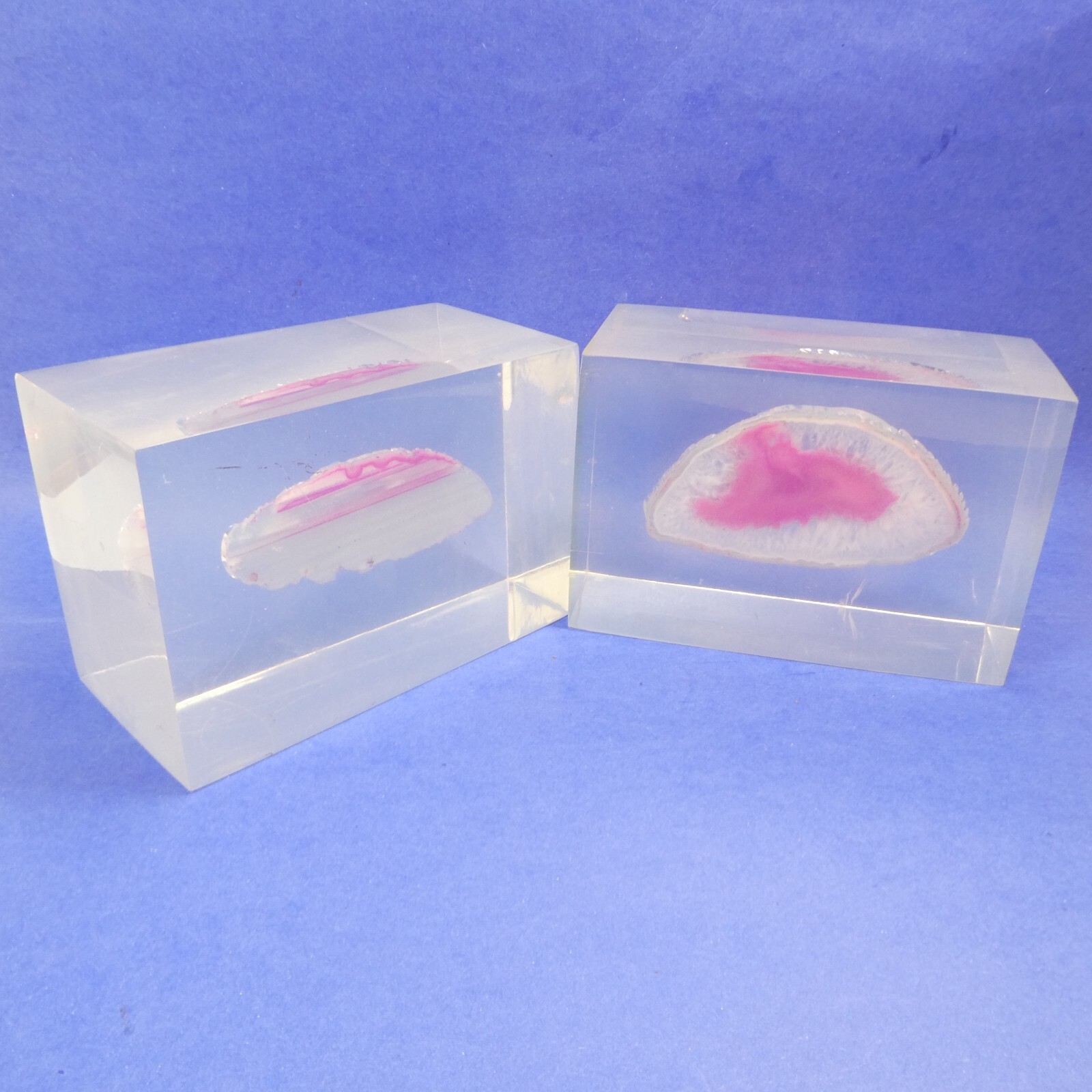 Bookends Pair Vintage Pink Agate Geode Slice in Clear Lucite Acrylic Block