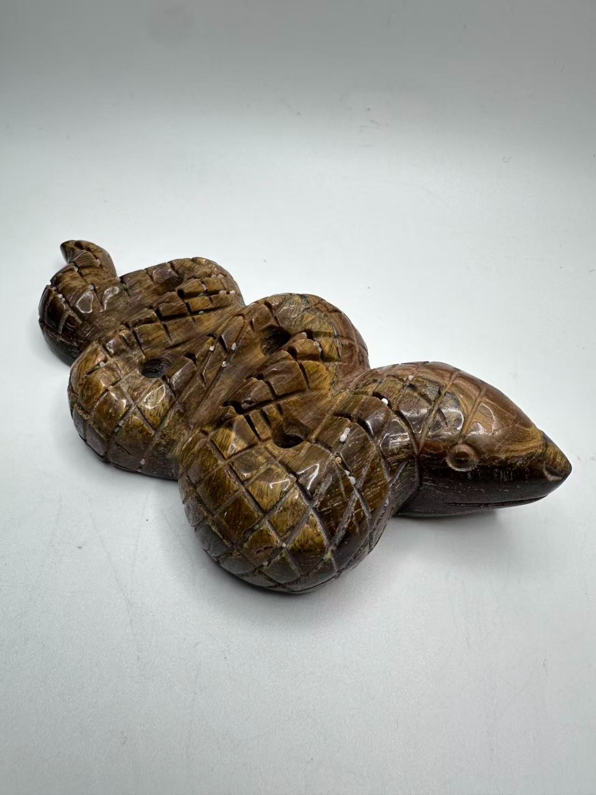 Natural Tiger’s Eye Snake Figurine 6″x2.75″ – Polished Crystal Carving 11.8 oz