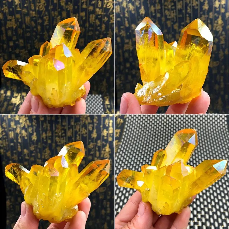 Healing Mineral Specimen Natural Aura Yellow Citrine Crystal Titanium Cluster