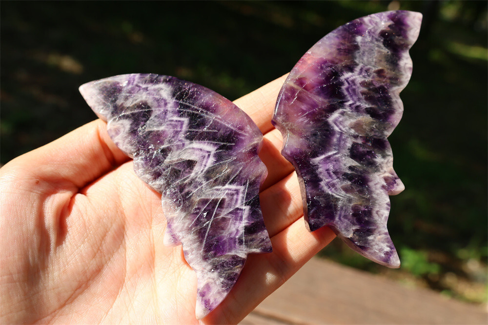 5.2” A pair Natural Dream Amethyst Butterfly Wing Reiki Crystal Skull Decor