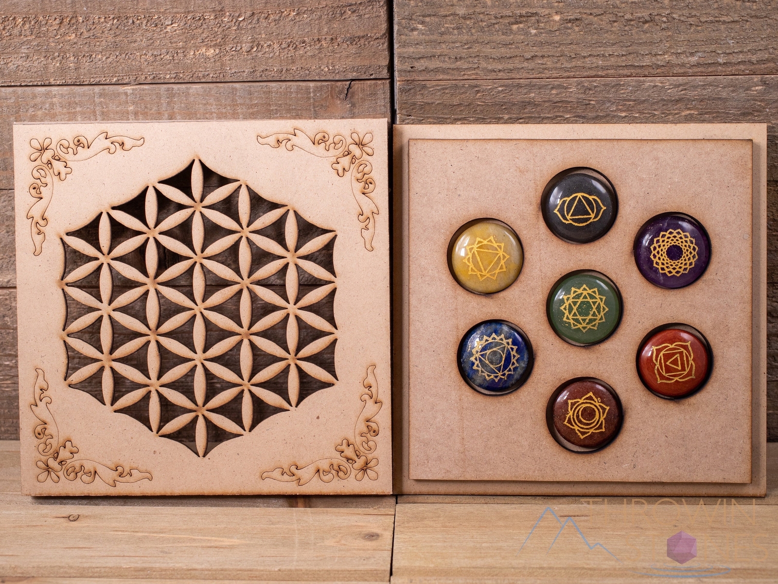 CHAKRA Crystals Grid Board Wooden Box – Flower of Life – Self Care Kit, E1756