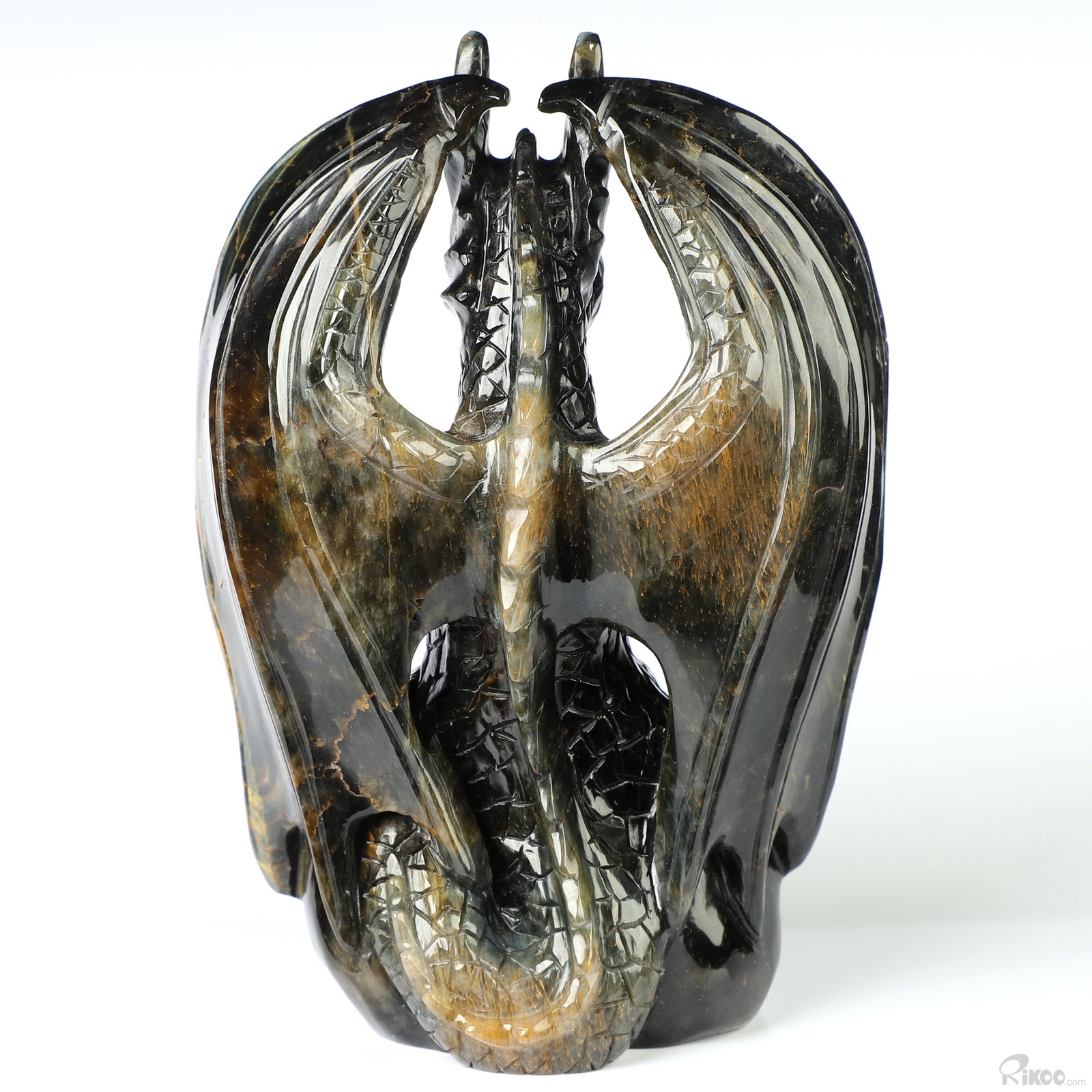 Gemstone 5.1″ Blue & Gold Tiger’s Eye Hand Carved Crystal Dragon Sculpture