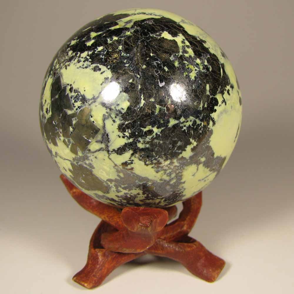 2.2″ SERPENTINE w/ PYRITE Polished Crystal Sphere Ball w/ Stand – Peru – 57mm