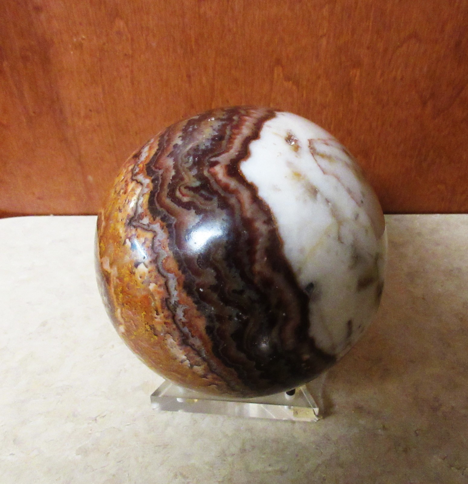 Large Banded Marble Polished Stone Sphere Browns and Whites 5” Diameter + Stand