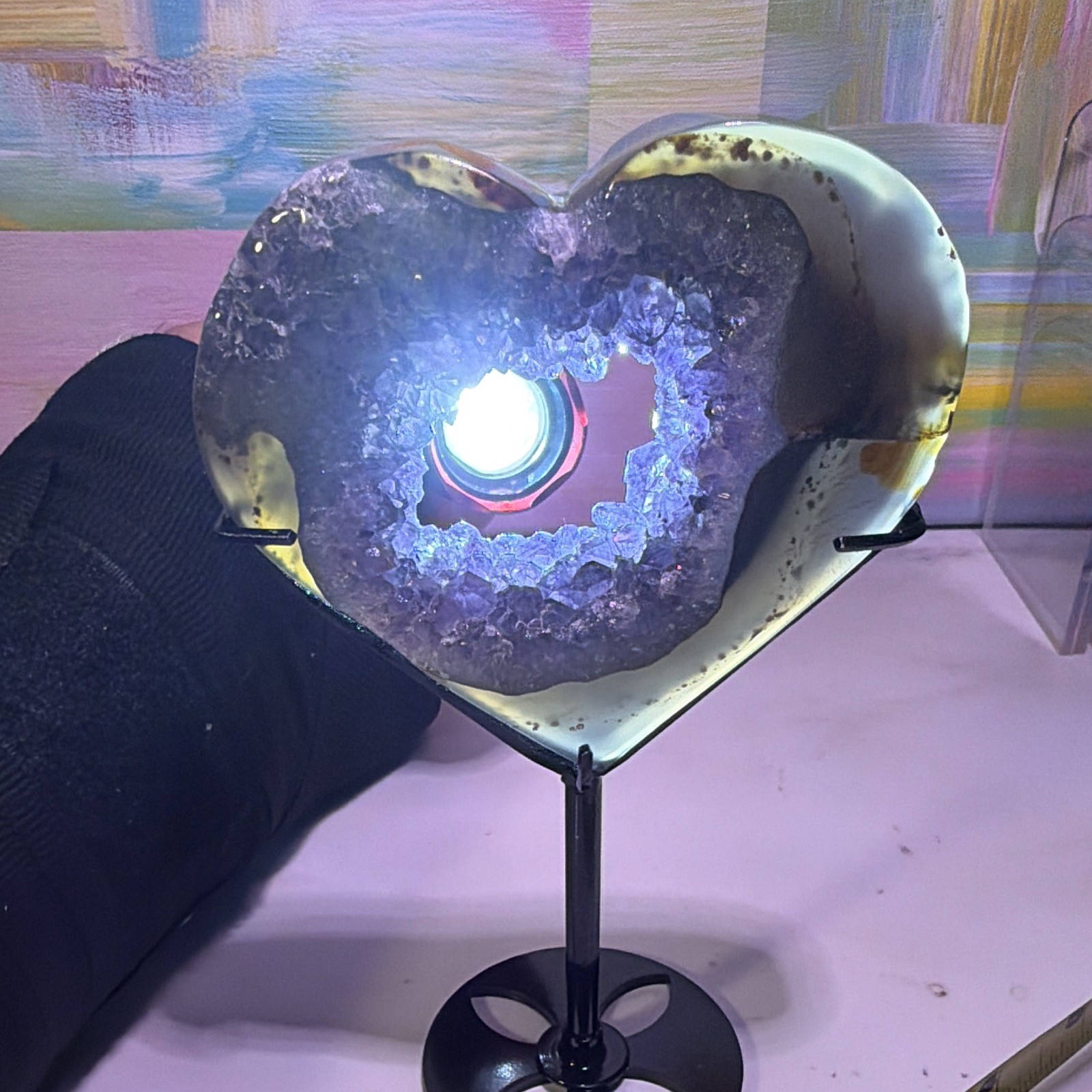 Heart-Shaped Purple Crystal Geode Slice Decor on Black Metal Stand, 6 in Tall