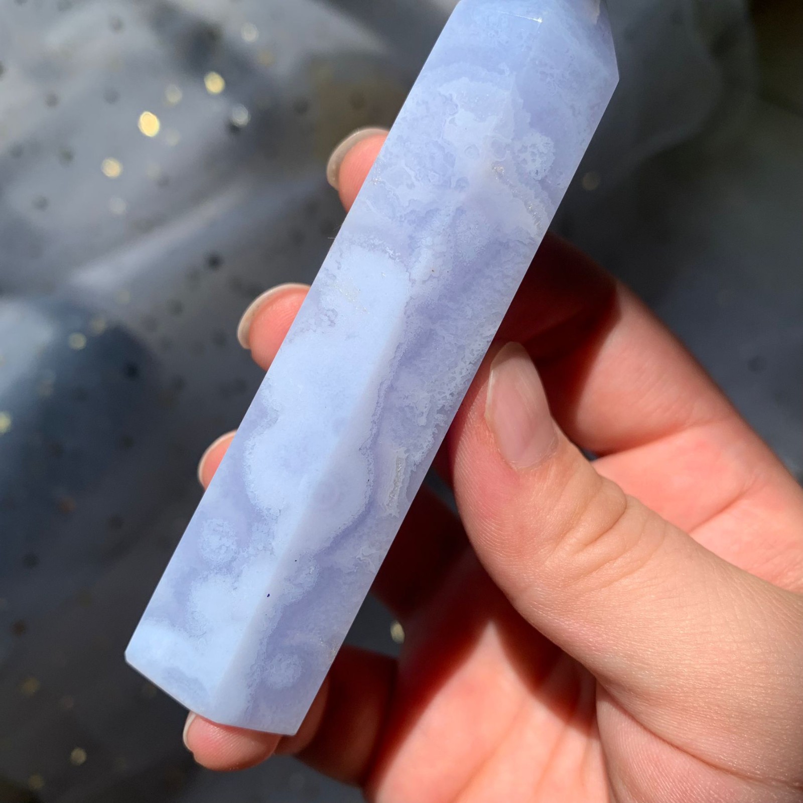 93g Blue Lace Agate Obelisk Point Healing Crystal Stone Sacred Geometry Decor