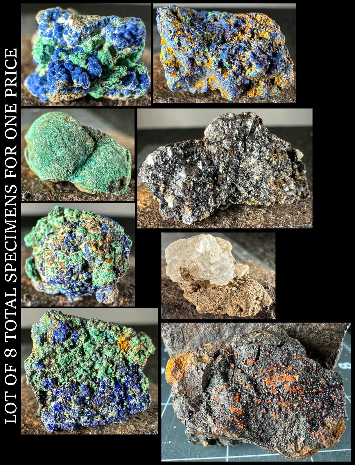 ➤8 PC LOT – Malachite-Azurite-Barite-Hematite-No ID Rutile?- GRAPHIC MINE NM➤882