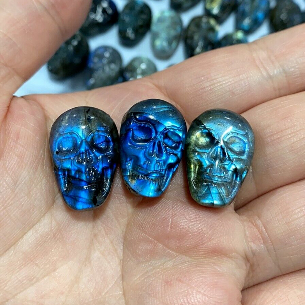 3PCS Natural labradorite Crystal Quartz Hand Carved Skull Crystal Reiki healing
