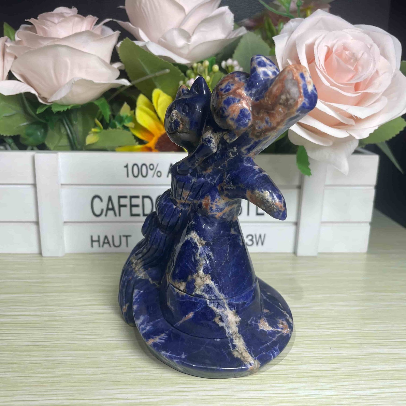 1.3LB 4.7” Natural Blue Sodalite Cat Cross Ornament Quartz Crystal