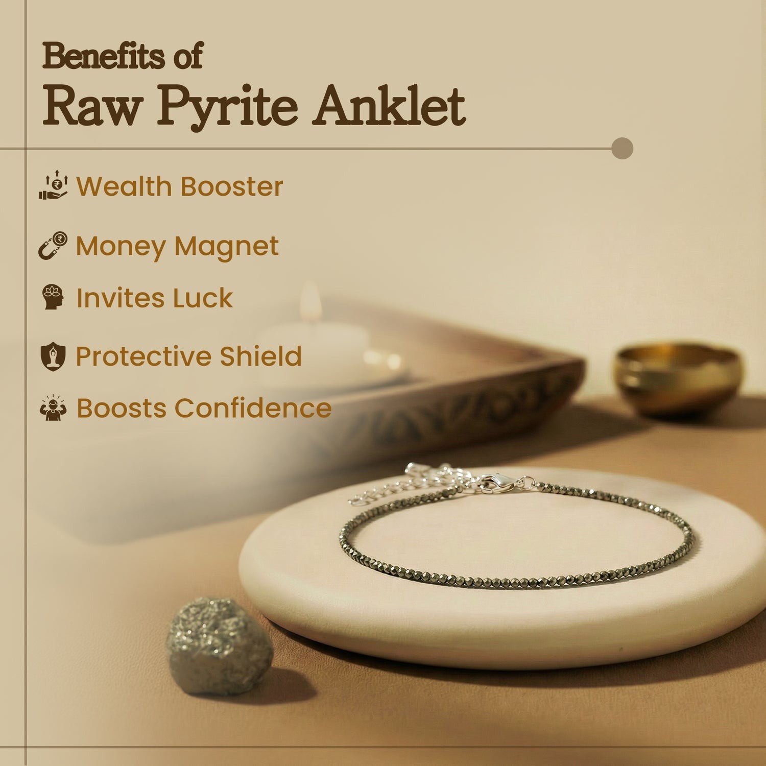 Raw Pyrite Anklet for Women | Natural Stone Jewellery for Wealth, Luck & Protect