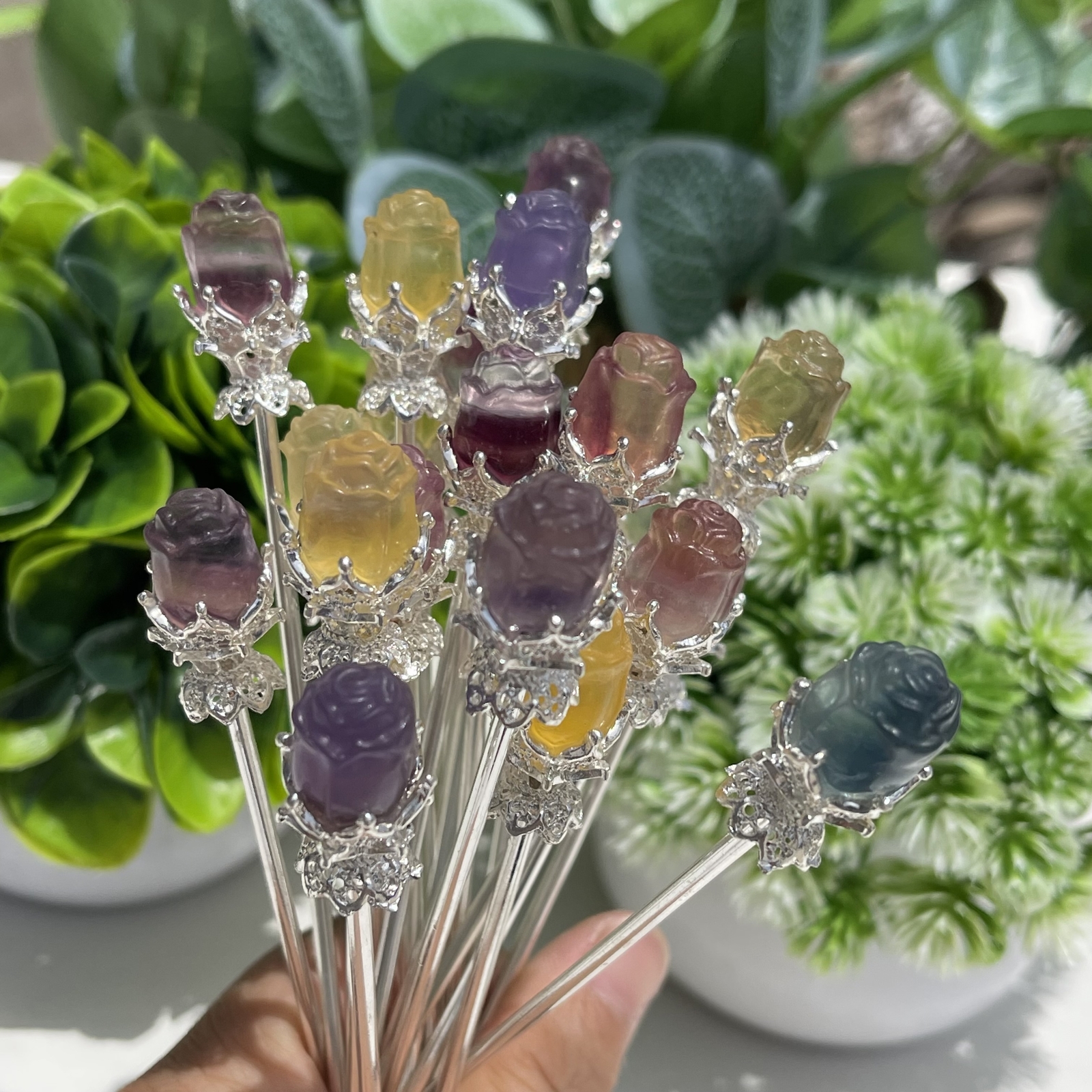 5pc Natural fluorite carved rose hairpin quartz crystal reiki healing random