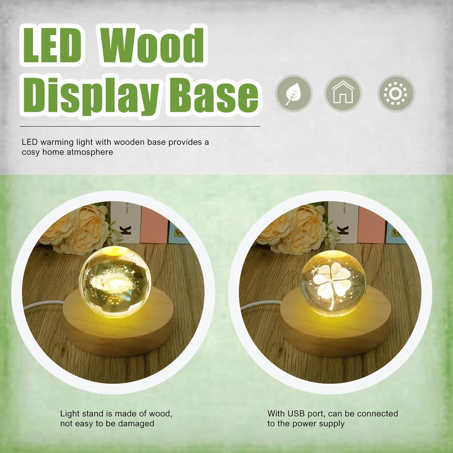 10 Pcs Wooden LED Display Bases Round Wood Display Lighted Bases for Glass Art L