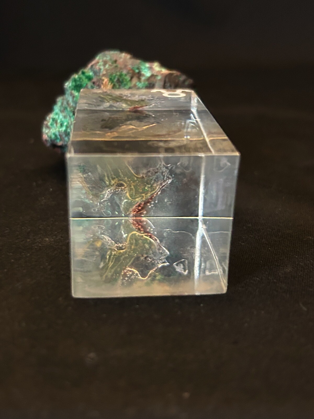Vintage Dioptase Crystal Mineral Mounted on Lucite Specimen Paperweight Display