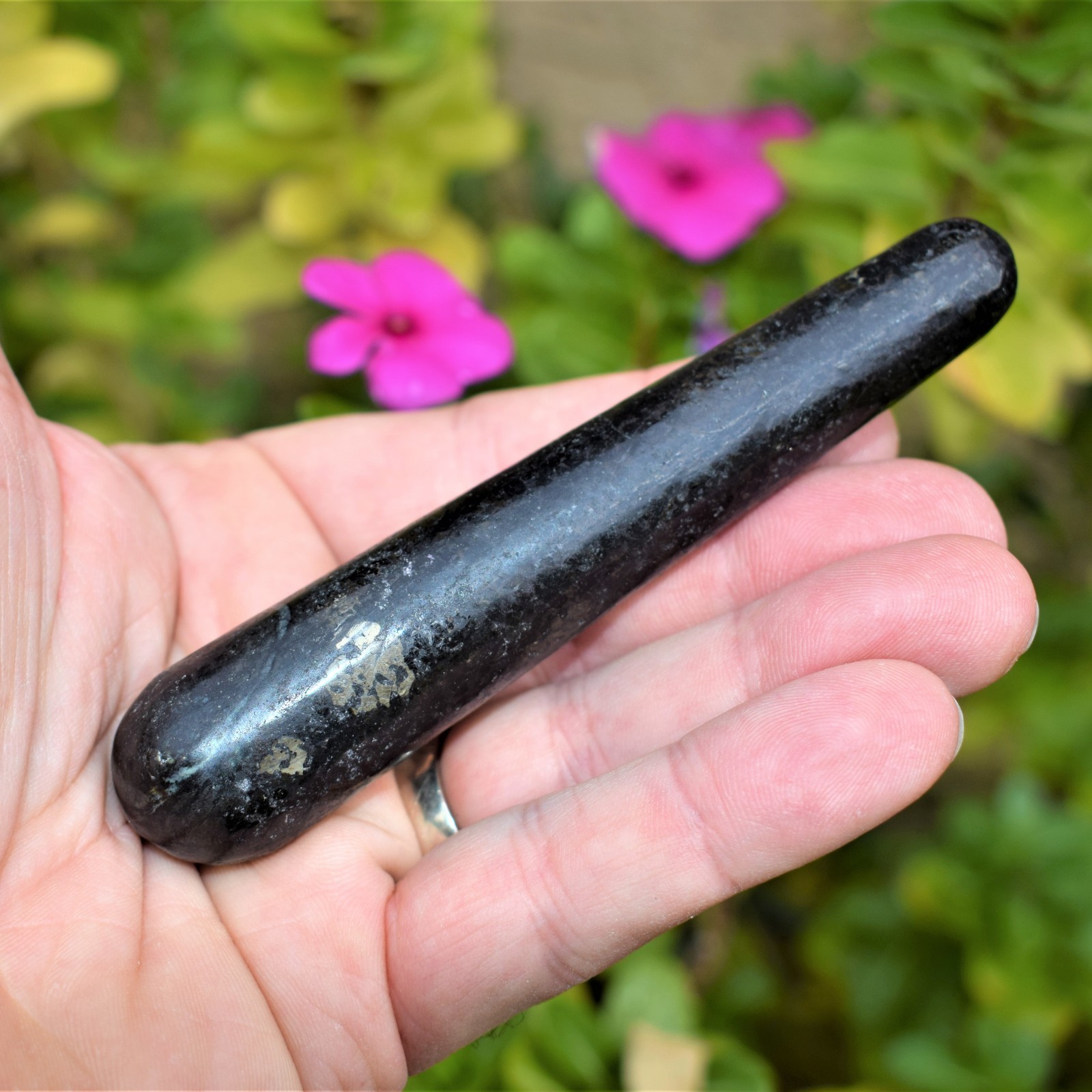 Charged 4″ Starburst Flash Nuummite Crystal Massage Wand + Selenite Heart ~70g