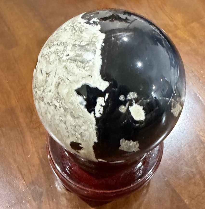 Black & White Polished Stone Sphere Mineral Display Specimen w/ Wooden Stand