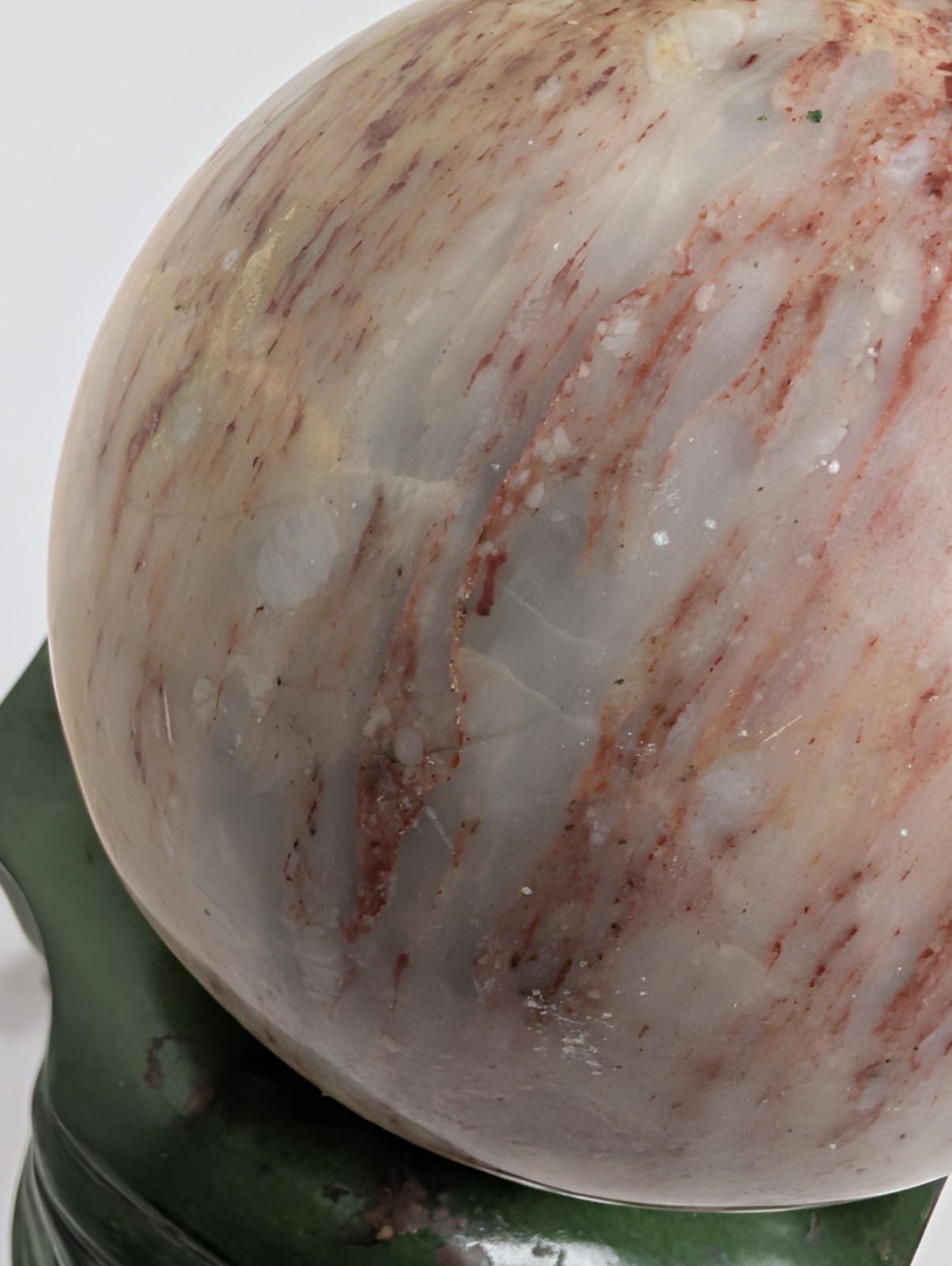 Elephant Head Sphere Stand w Marble Onyx Ball Verdigris Green 8″