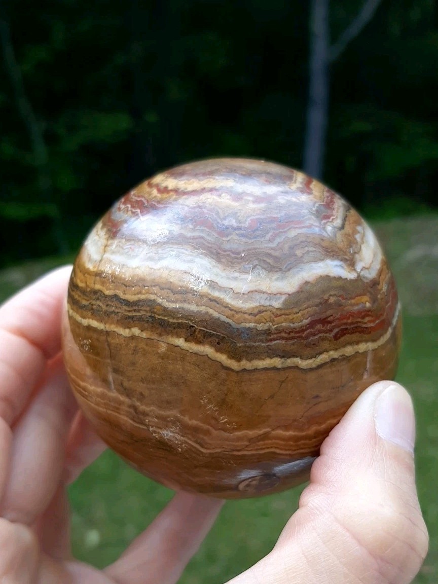 Banded Onyx Sphere Brown Tone Polished Stone Orb 3″ With Wood Stand