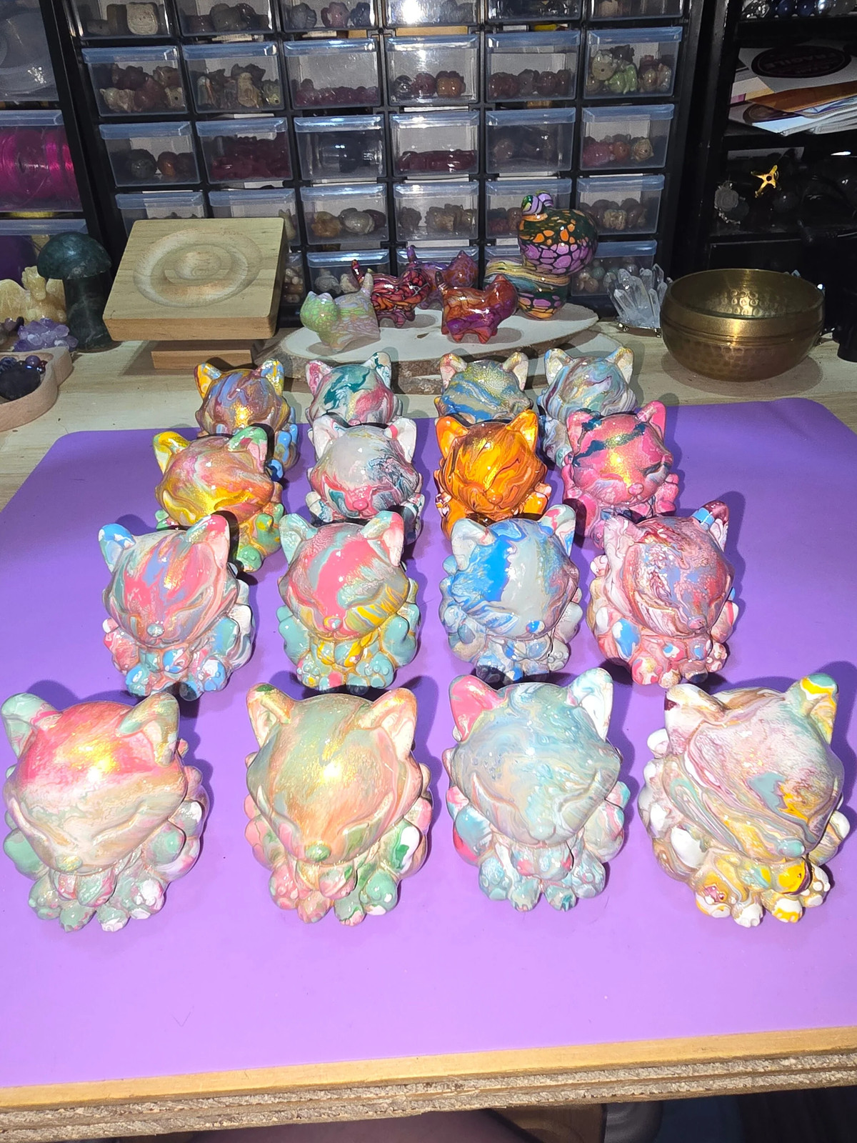 Colorful Daqi Fox Lacquer Painted Sandalwood Ninetail Fox