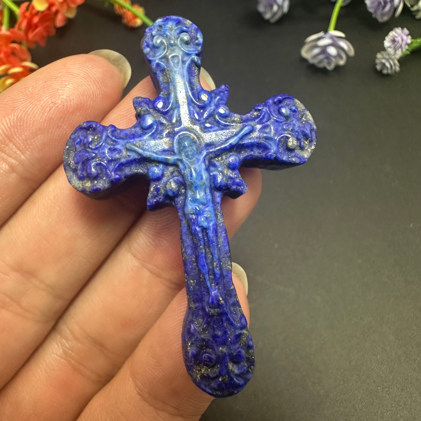 Natural lazurite Carved Christianity Cross Quartz Jesus Crystal Reiki Healing 1P