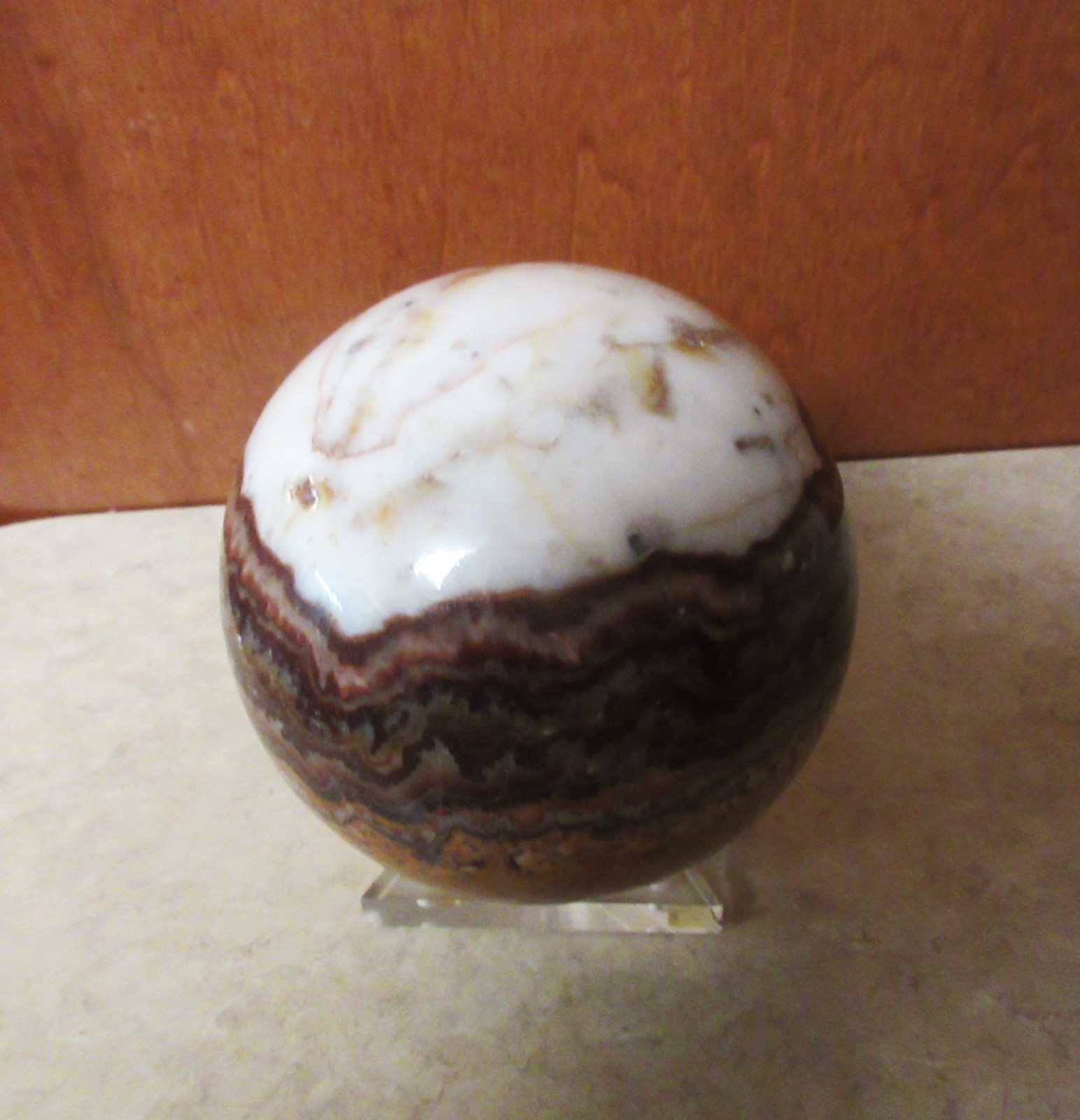 Large Banded Marble Polished Stone Sphere Browns and Whites 5” Diameter + Stand