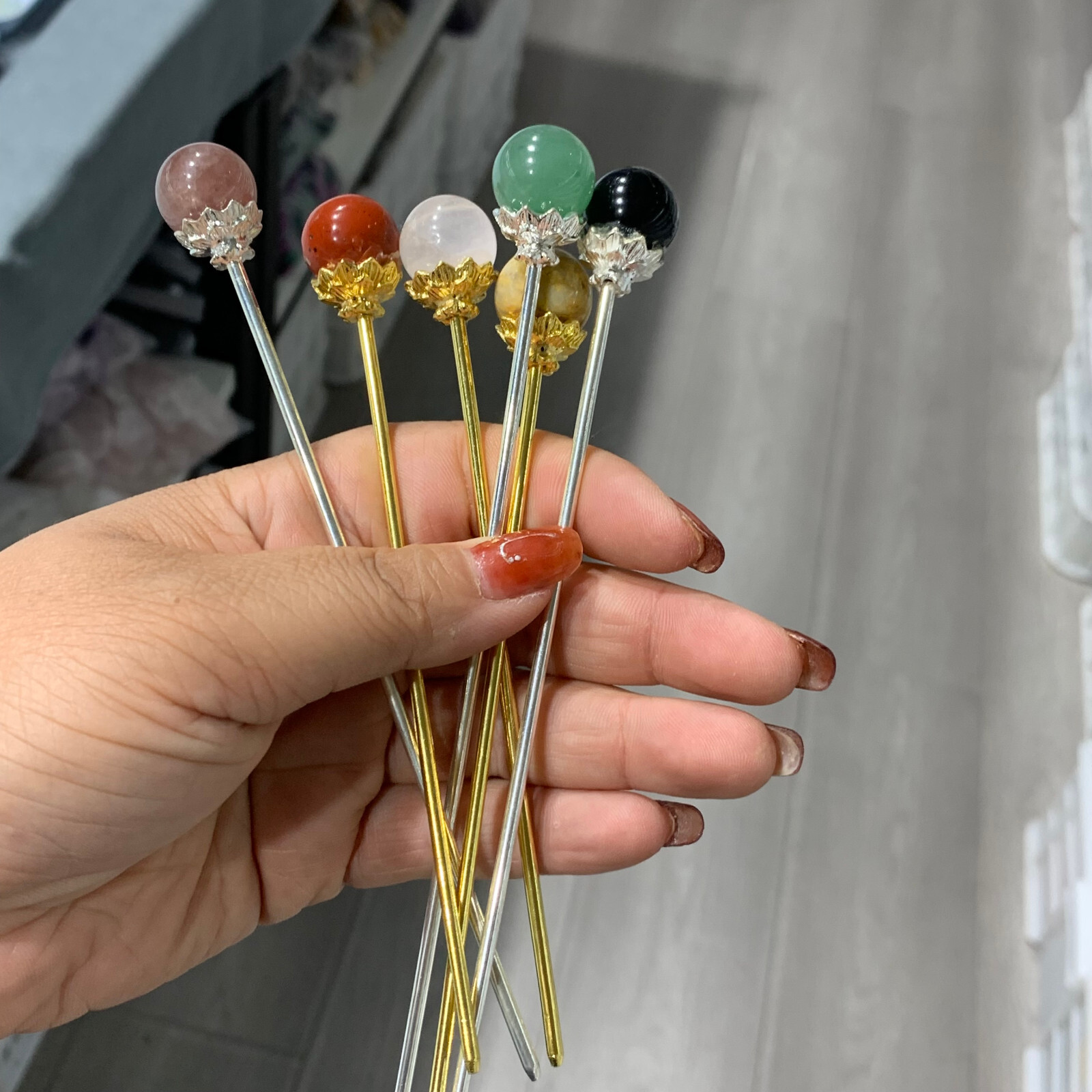 5PC Natural mix quartz crystal mini sphere hairpin carved reiki healing random