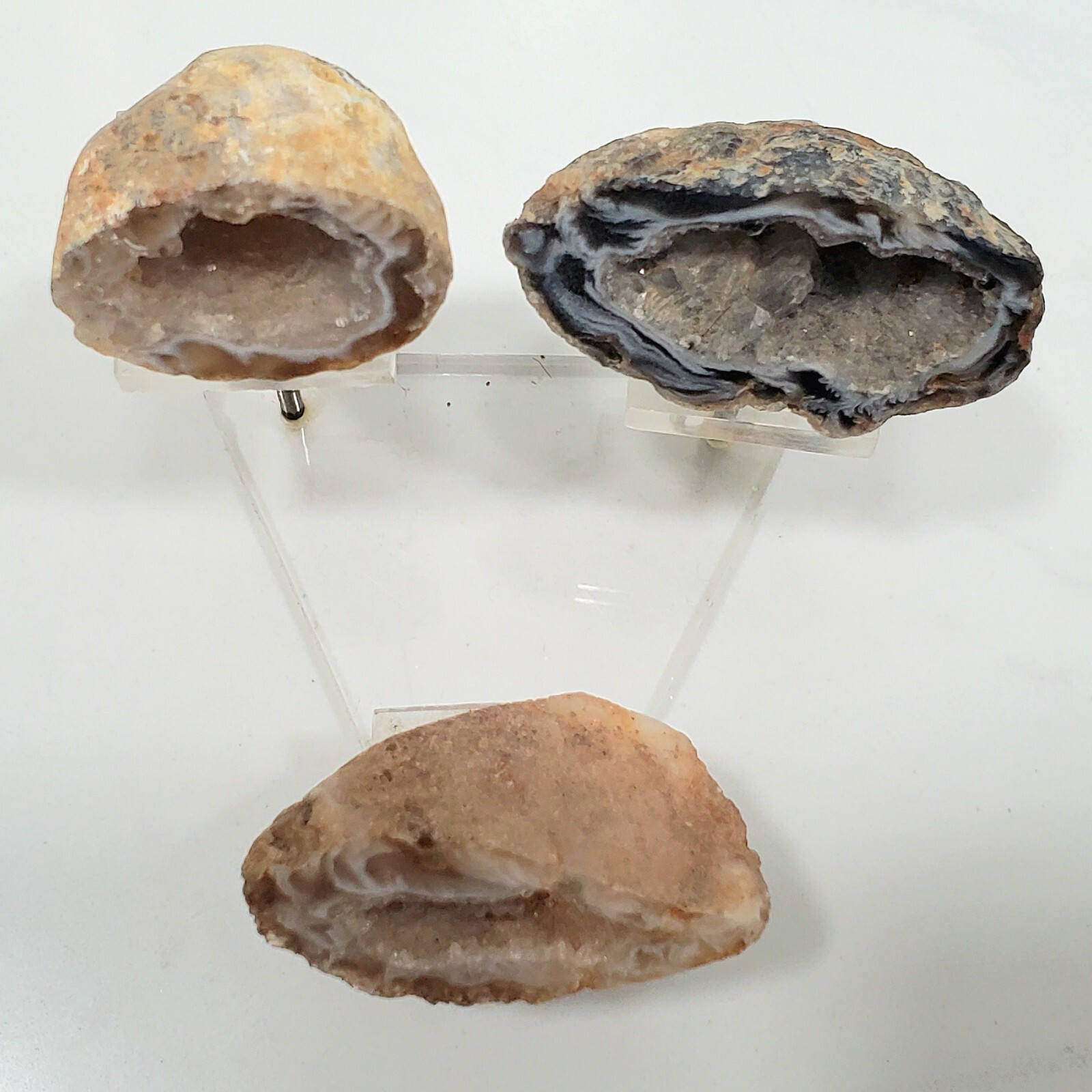 Set of 3 Natural Agate Geodes Displayed & set on a Triangular Lucite Stand