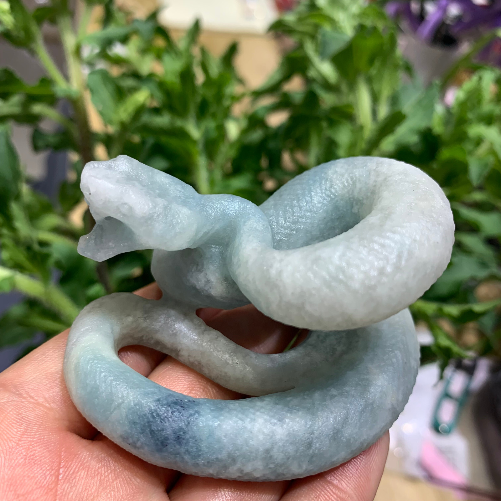 natural Blue sky and white clouds quartz crystal carved snake skull healing 1pc
