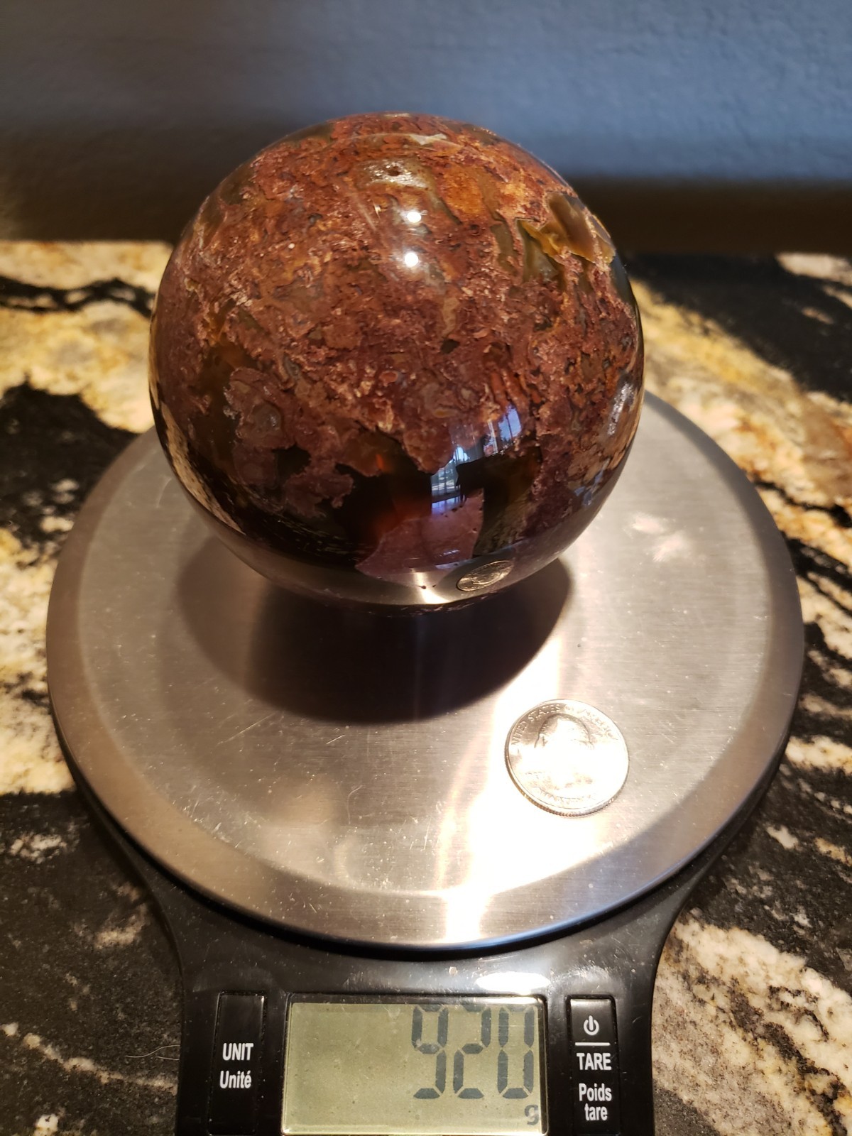 3.45″ Natural Red Moss Agate Quartz Crystal Mineral Sphere Ball Orb, 920g