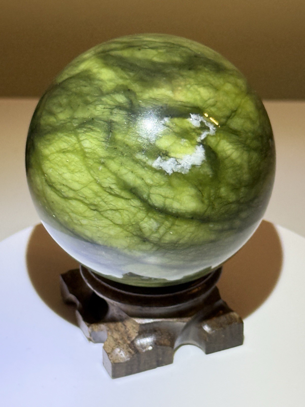 STUNNING Polished Nephrite Jade Sphere w/ Wooden Stand