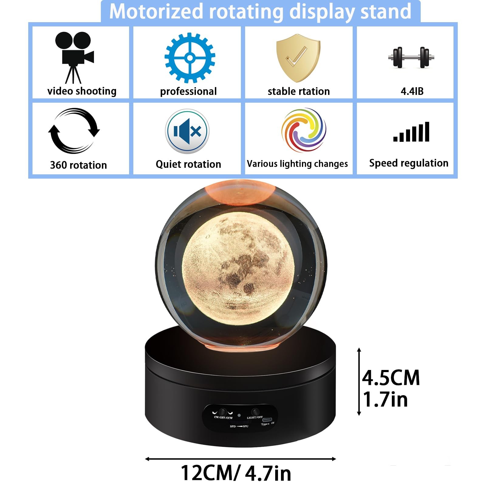 LED Rotating Display Stand, Lighted Base-Crystal Glass Art, 360 Degree Automatic