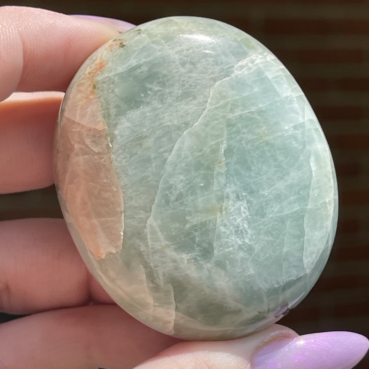 Aquamarine Palmstone – Opaque Blue Green Color With Peach Morganite Inclusion