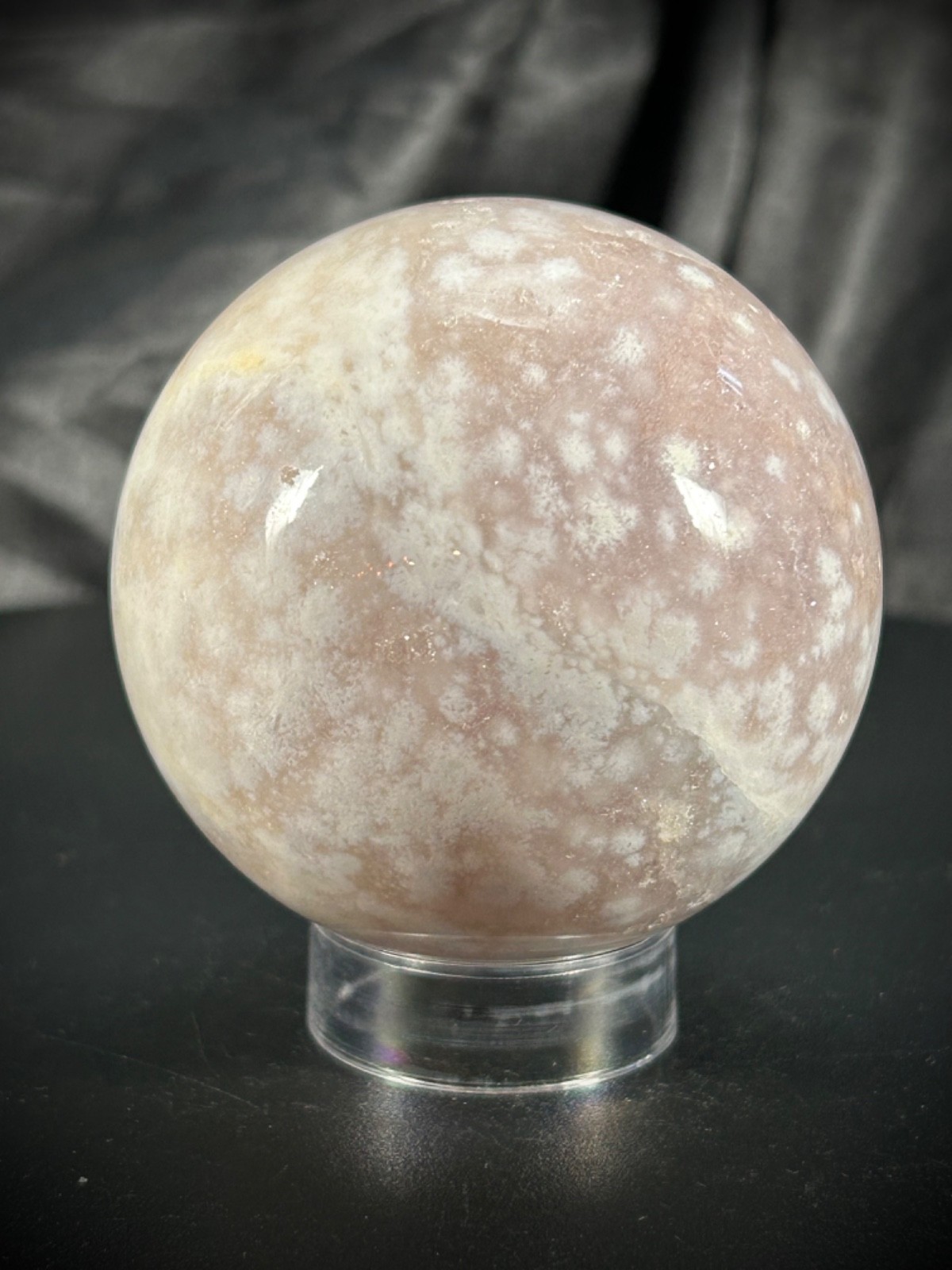 2.5″ Pink Amethyst & Flower Agate Sphere With Acrylic Stand 12.6oz (357 Grams)