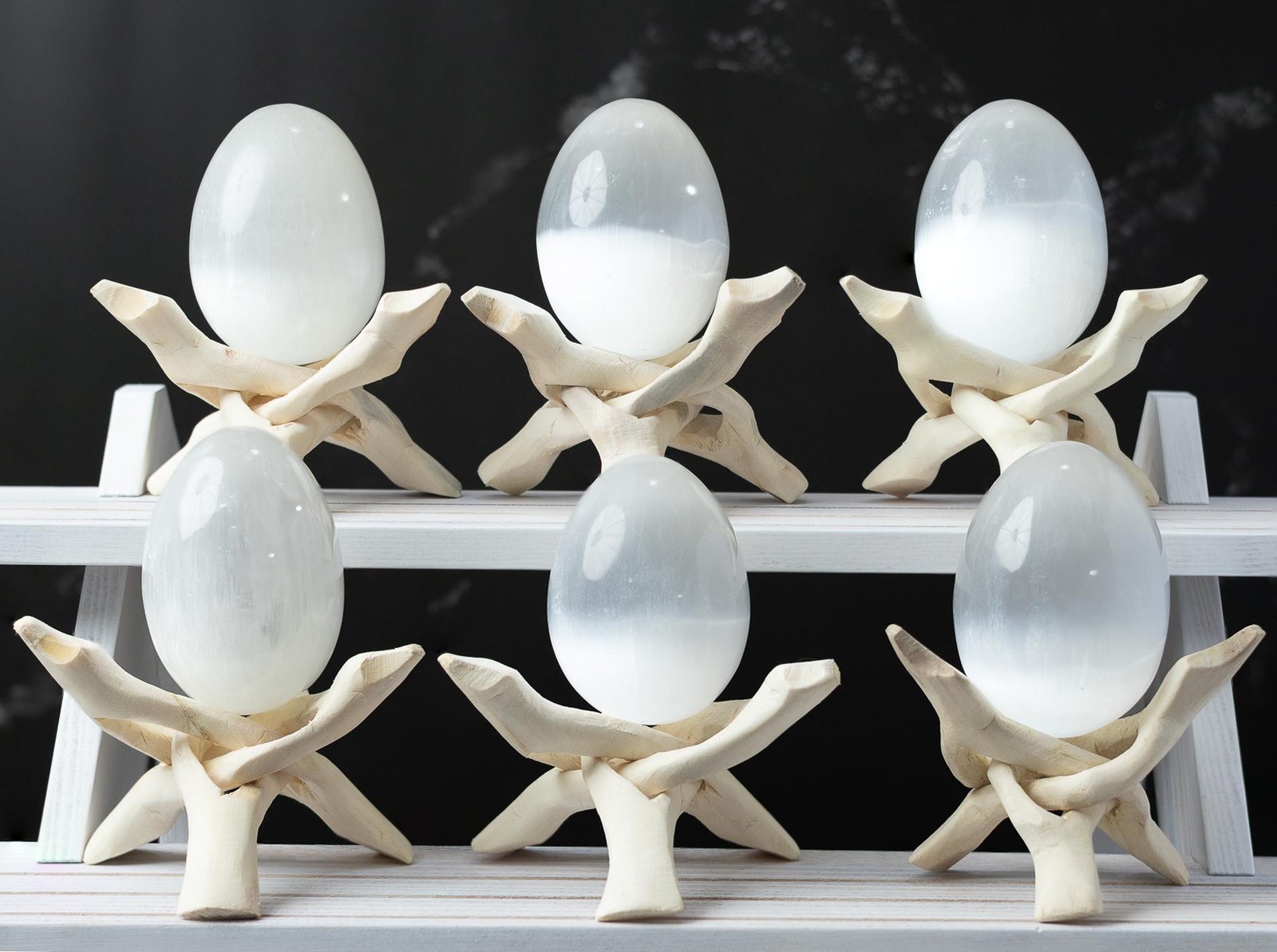 Selenite Egg with Wooden Tripod Stand Polished White Crystal Charging Stone Gift