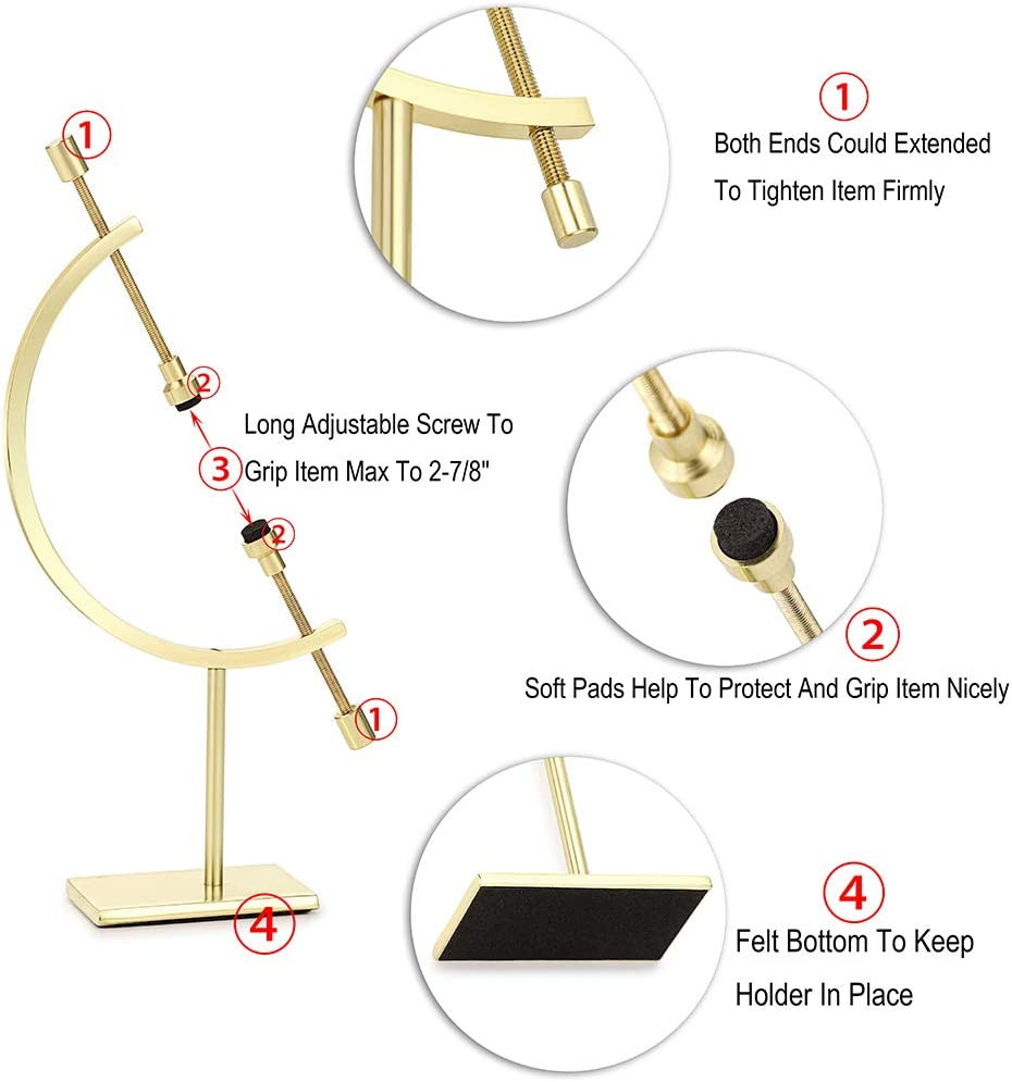 Golden Toned Sphere Holder Caliper Stand, Caliper Style Display Stand for Minera