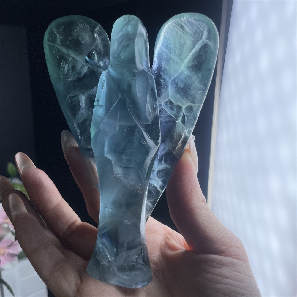 0.8LB 5.1″ Natural Rinbow Fluorite Angel Carved Crystal Mineral Quartz Decor
