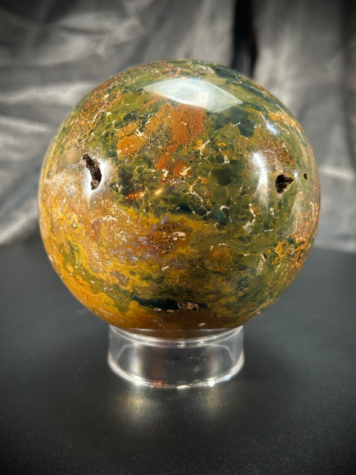 3.35″ Ocean Jasper Sphere With Acrylic Stand 1lb 13.9oz (847 grams)
