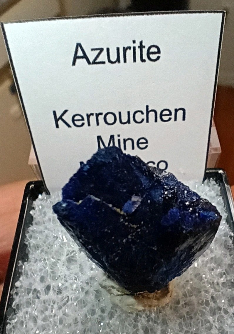 Beautiful Azurite Crystal, Kerrouchen Mine Morocco In 1.5″ Display Box.