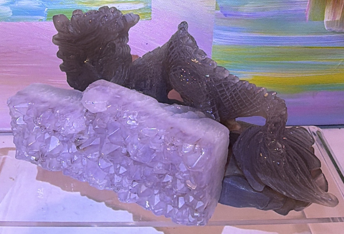 Carved Dragon Figure on Quartz Crystal Cluster Base Decorator Piece, 6 in