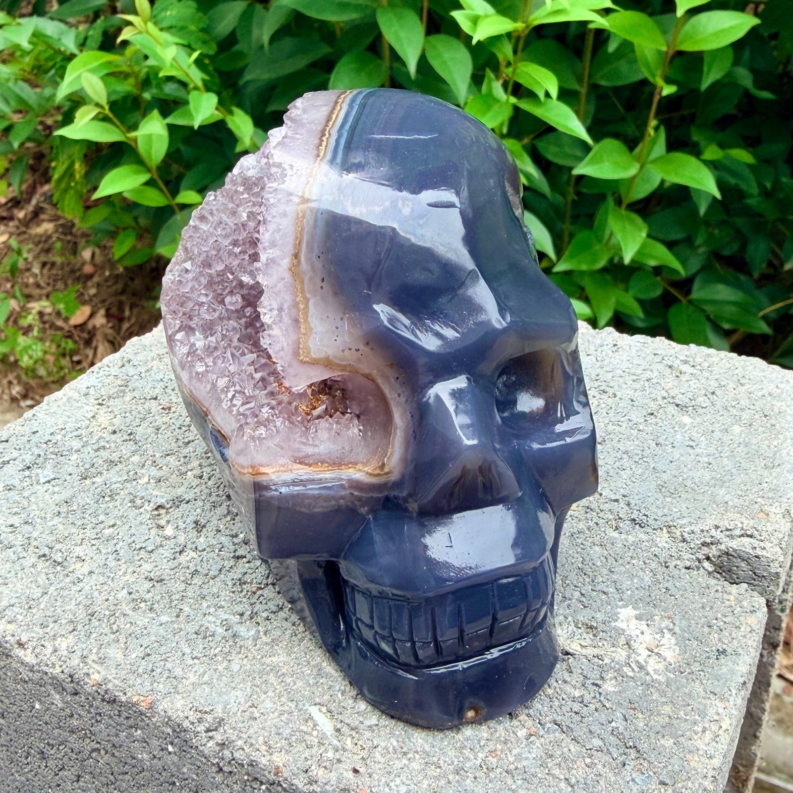2.33lb Amethyst agate crystal cave skull, Rare hand carved skull specimen