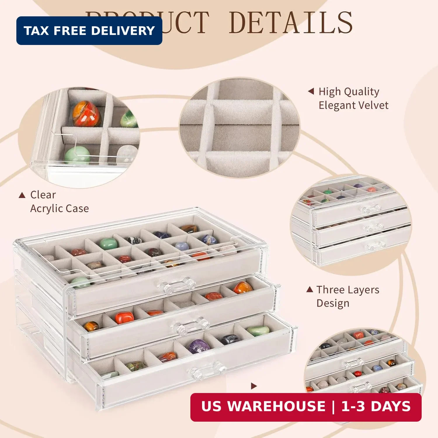Bfttlity Acrylic Rock Display Case,54 Grids Rock Collection Box for Kids with Mi