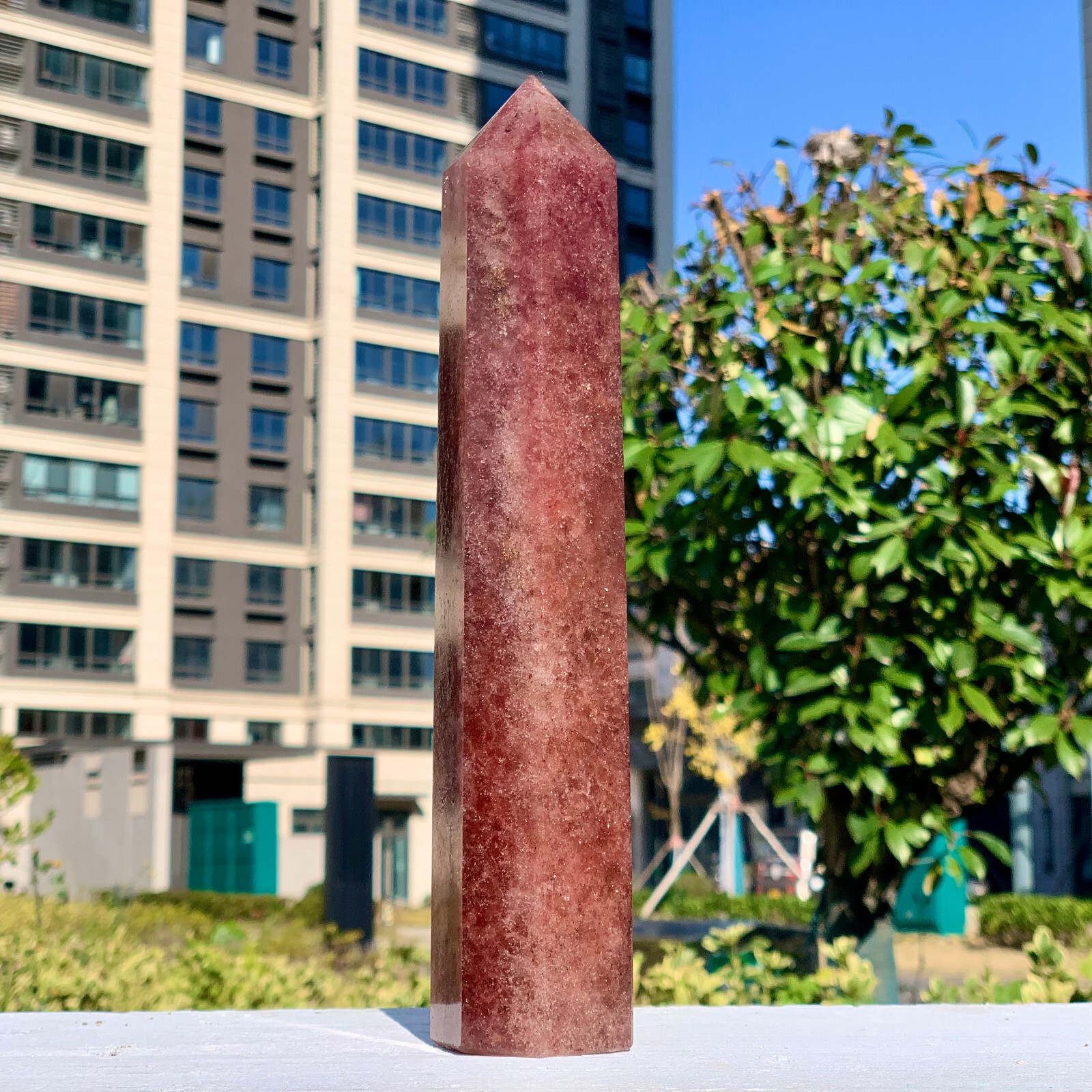 2.02LB Natural Large Strawberry Quartz Crystal Tower Point Obelisk Red Chakras