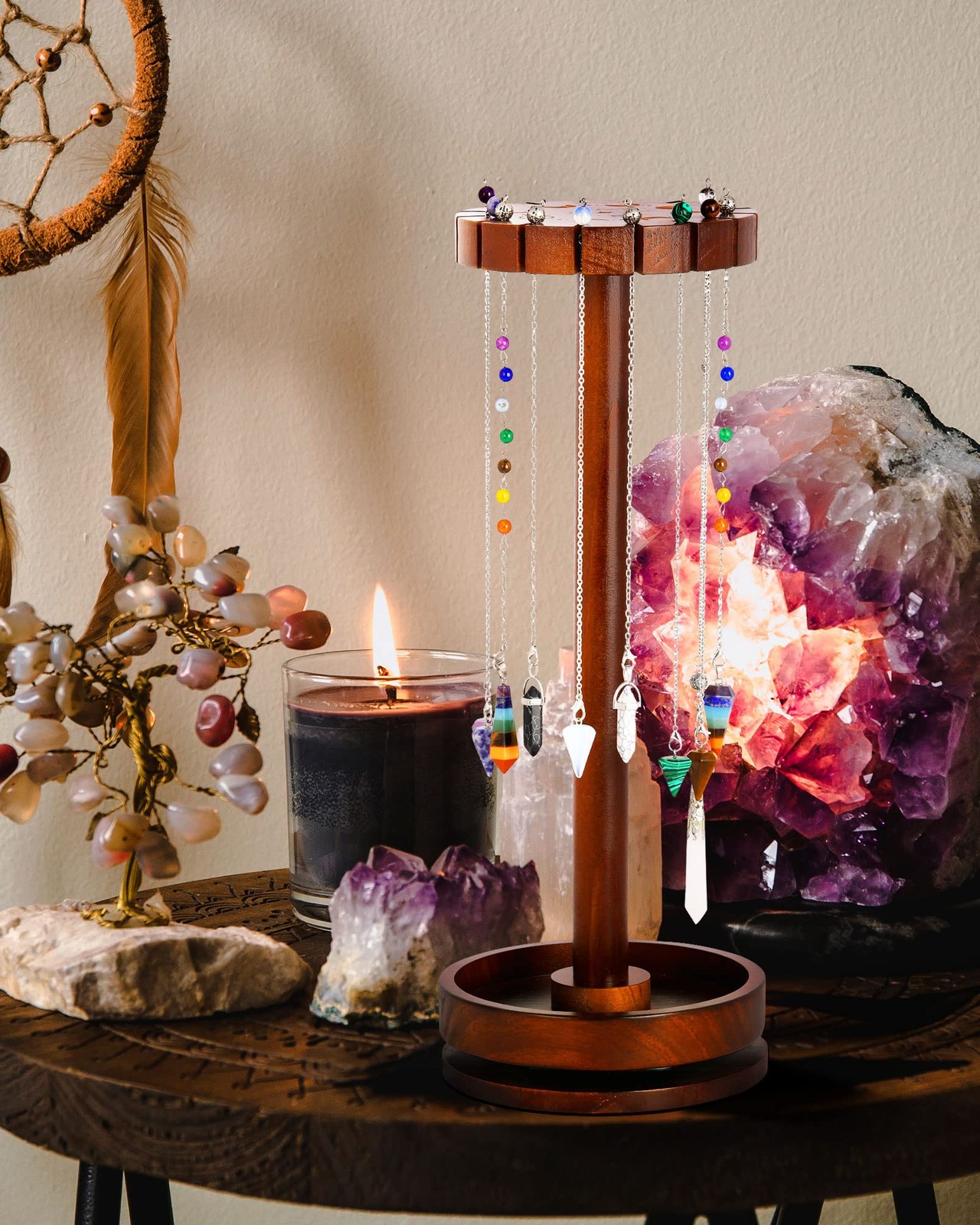 Moon Phase Pendulum Display Stand with Tray, Wood Wiccan Rotating Crystal Hol…