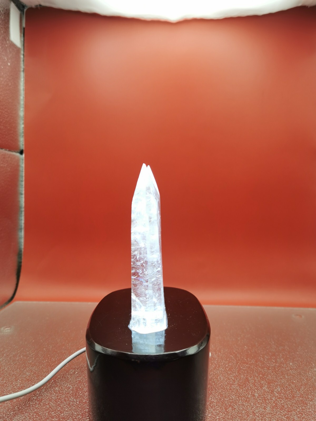 Natural Clear Quartz Double Point Obelisk Crystal With Custom Light Stand 364G