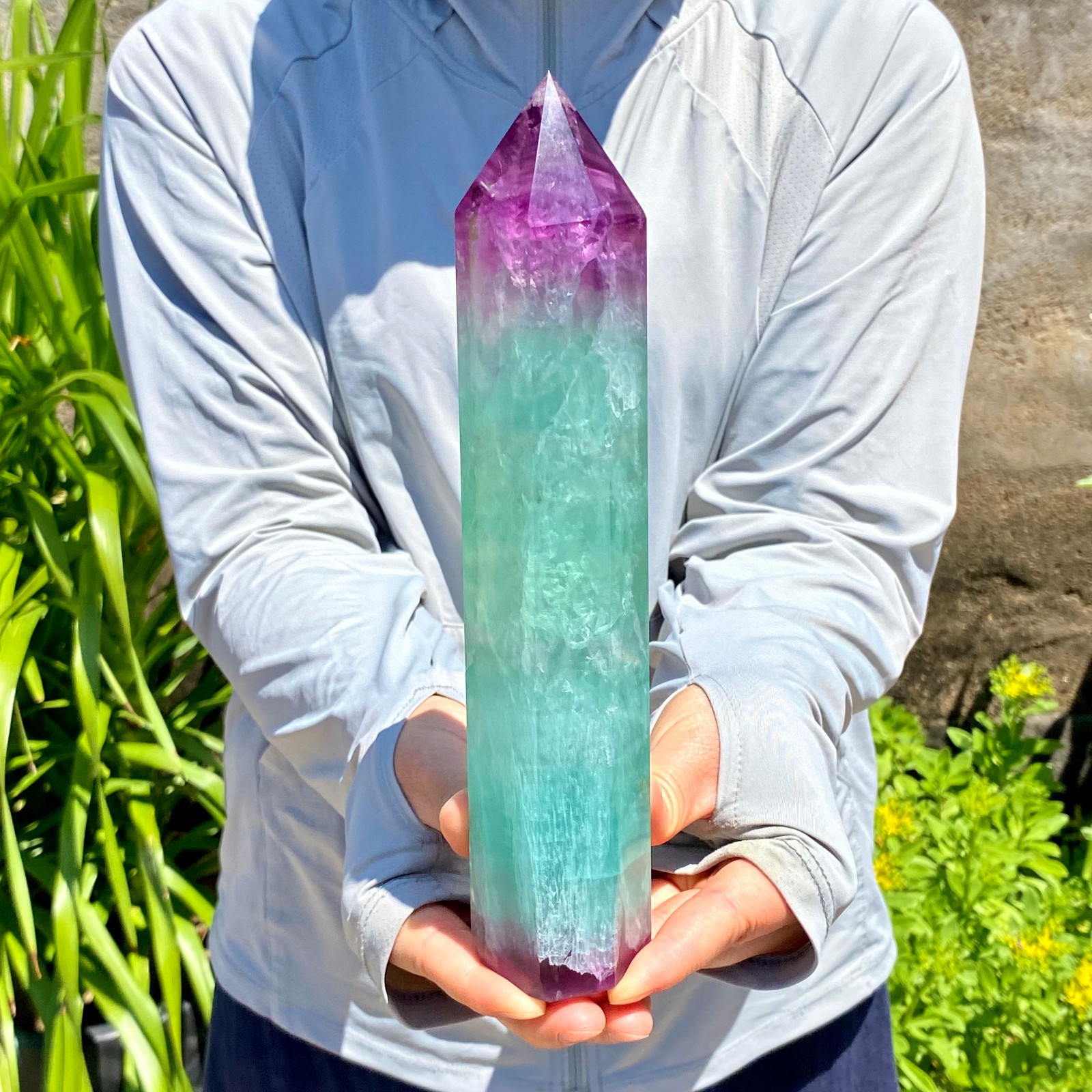2.16LB Natural Rainbow Fluorite Obelisk Quartz Crystal Wand Tower Point Healing