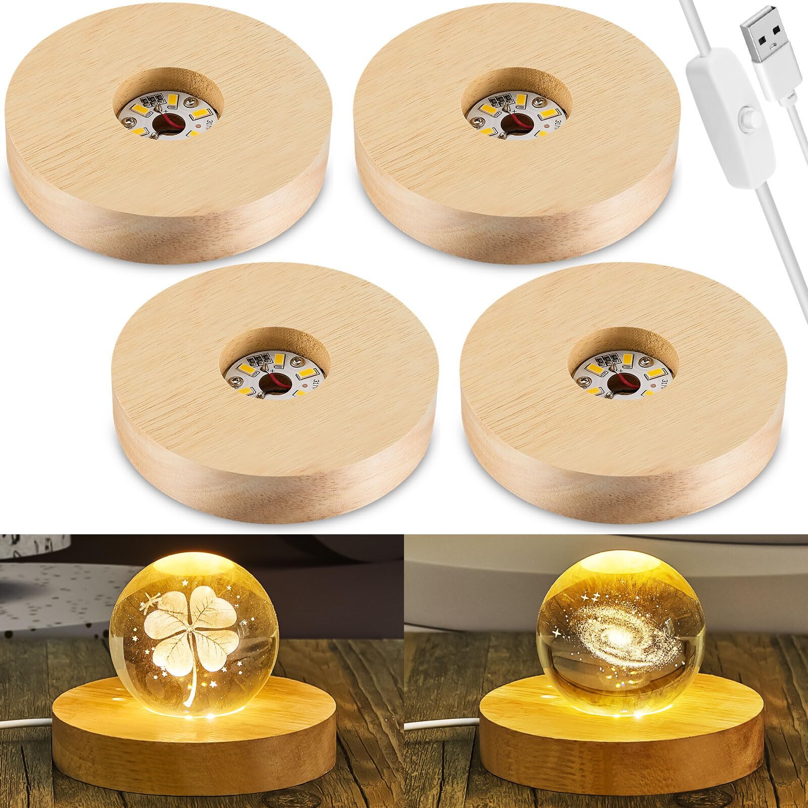 4 Pack LED Wooden Display Base Stand for Crystal Glass Art Resin Cylinder Lamp