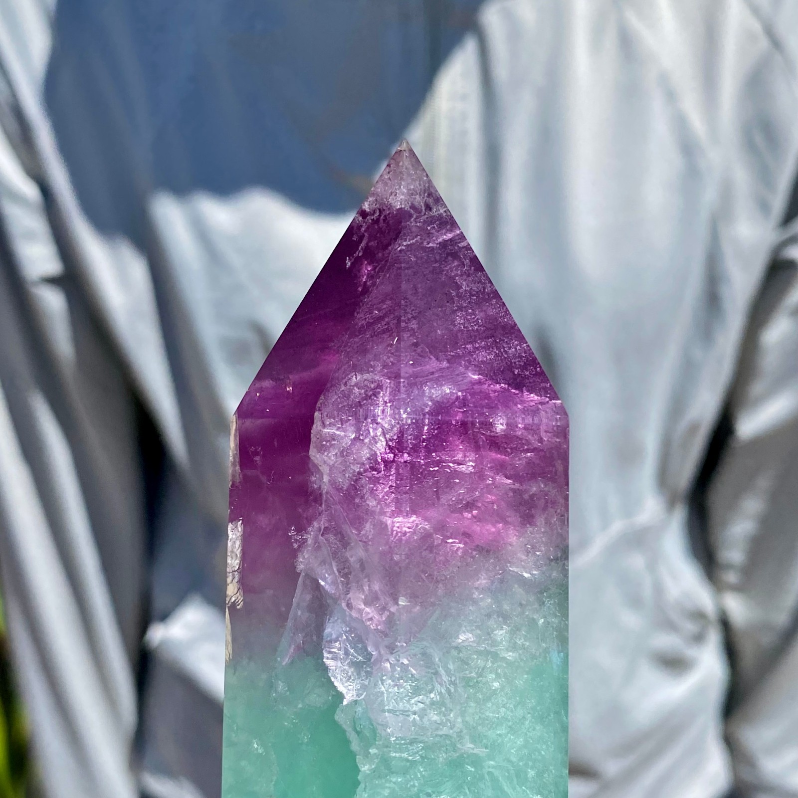 2.16LB Natural Rainbow Fluorite Obelisk Quartz Crystal Wand Tower Point Healing