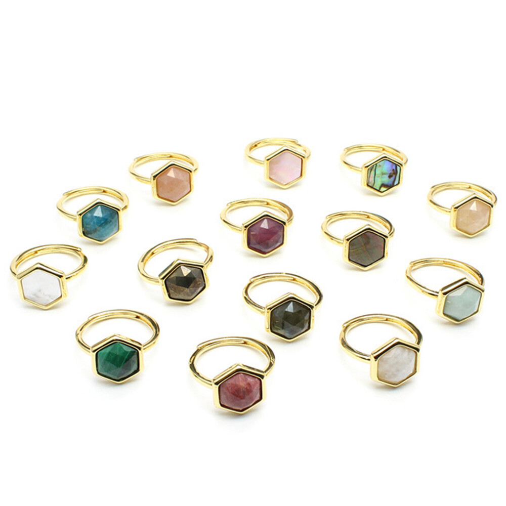Natural Hexagonal Crystal Ring Chakra Stone Quartz Geometric Healing Reiki Gifts