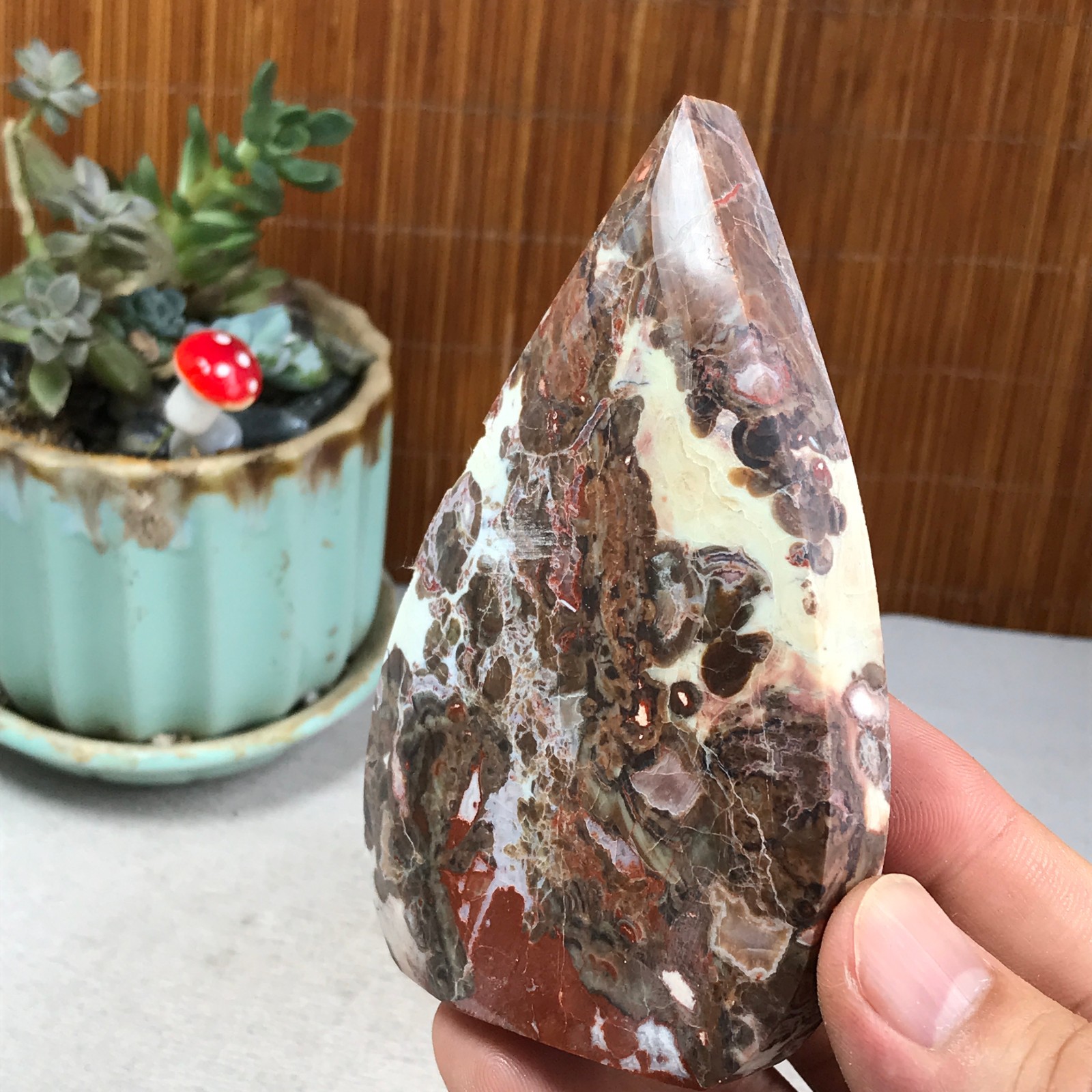 Natural money Mexico agate hand carve leaf Crystal Specimen free standing A6272